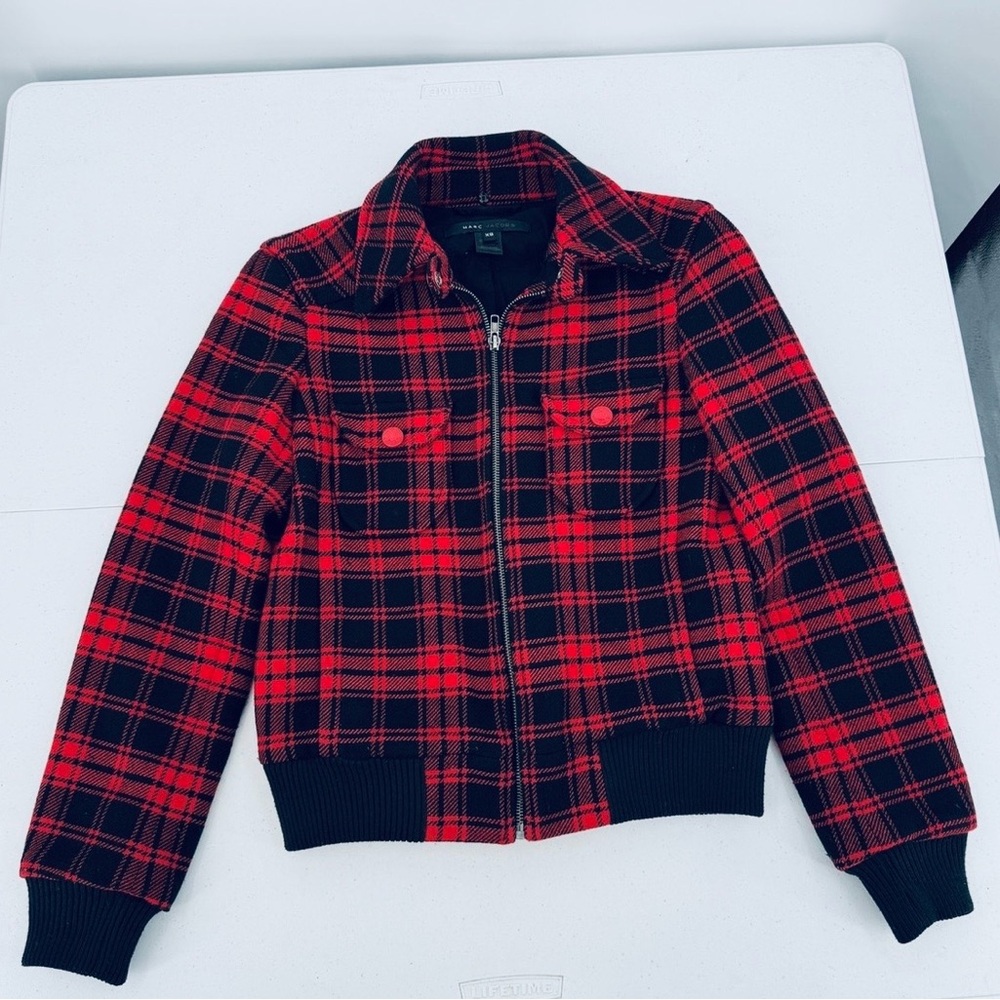Marc Jacobs Red and Black Plaid Bomber Jacket